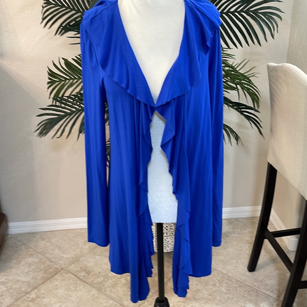 LIKE NEW INC STUNNING COBALT BLUE RUFFLED EDGE CARDIGAN SIZE L VERY SOFT & COMFY